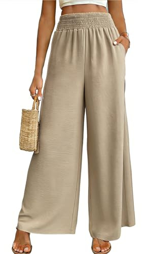 Vossmi Donna Pantaloni Casual Estivi Elegante Pantalone Larghi Vita Alta Elastico Pantaloni da Spiaggia Palazzo con Tasche Donna Tuta Pantalone a Gamba Dritta Kaki,L