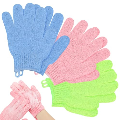 AYBUY Guante Exfoliante Corporal, 3 Pares Guantes Ducha Exfoliantes Doble Cara, Guantes Exfoliantes de Crin Ducha Corporals, Cuerpo Accesorios para ducha, spa, masaje, (Verde & Azul & Rosa)