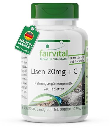 fairvital Järn 20mg + C-vitamin, 240 tabletter, lättsvälta, kvalitetskontrollerade och högdoserade, 100% veganska, tillverkade i Tyskland