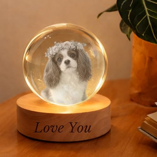 Iwe Personalised 3D Crystal Ball with Pet Photo, Custom Dog Memorial Gift | Engraved 3D crystal ball with photo, custom gift for couples, families, pet lovers for birthdays, Christmas and anniversaries