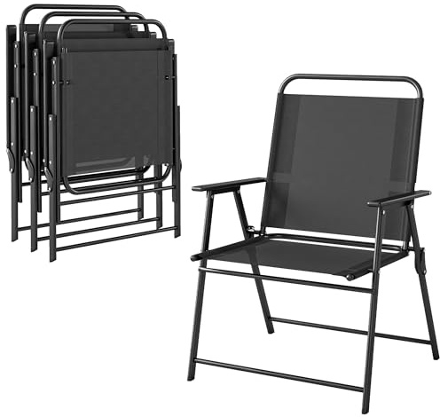 Outsunny Lot de 4 Chaises de Jardin Pliantes avec Accoudoirs Patio Noir | Chaises d'Extérieur, Assise Large en Textilène Respirant, Dossier Haut, Cadre en Acier Robuste, Balcon, Terrasse