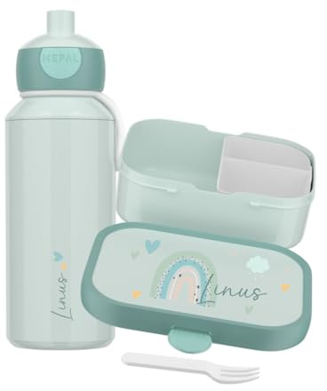 Mepal Juego de fiambrera y botella personalizada, fiambrera infantil con compartimentos, fiambrera y botella de agua con nombre, caja de bento a prueba de fugas, juego con estampado multicolor de