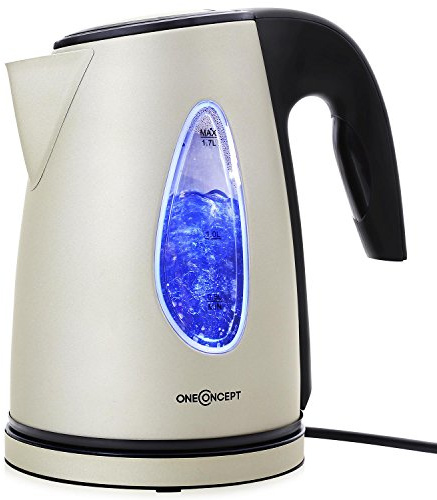 oneConcept TKV-SS17-Creme Design Wasserkocher kabellos leistungsstark mit stylisch blauen LED-Lichteffekt, 2200 W, 1.7 Liter, Cool Touch, creme