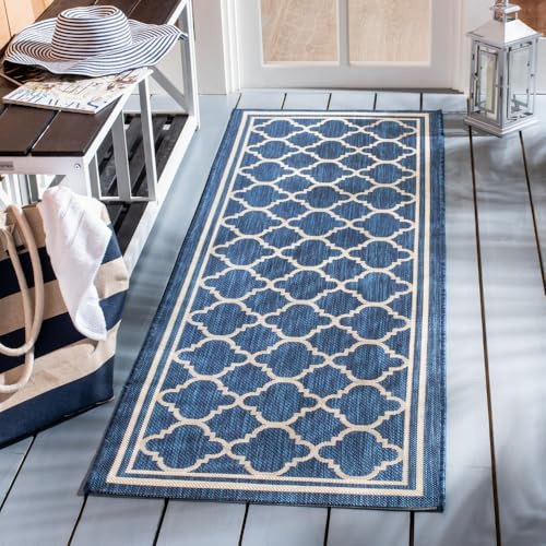 SAFAVIEH Courtyard Collection 2'3 x 6'7 Navy/Beige CY6918 Trellis Indoor-Outdoor Waterproof Easy-Cleaning Patio Backyard Mudroom Runner-Rug