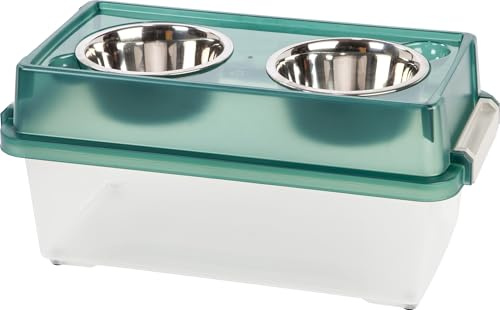 Iris Ohyama, Ciotola Rialzata con Supporto in Scatola di Plastica, 18L,Verde, Mangiatoia rialzata per Cane, Gatto, con Doppia Ciotola, Acqua, Cibo, Clip, Solida, Contenitore Crocchette, Senza BPA,FS-M