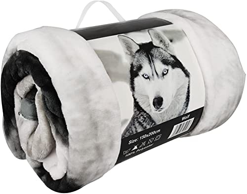 Yorkshire Homeware 3D Animal Design Luxurious Super Soft Warm and Cosy Throws Faux Fur Fleece Sofa and Bed Blankets By (King 200 x 240 CMS, 3D Wolf/Husky)