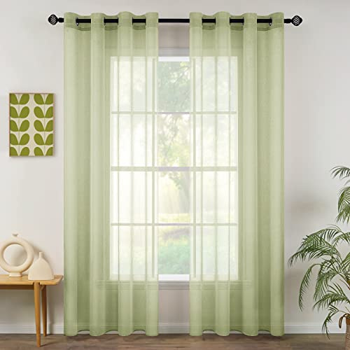 MIULEE 2 Panels Sheer Voile Eyelet Curtains Green 55 Wx69 L | Lightweight voile sheer drapes, soft light filter, eyelet grommet easy install, elegant decor for bedroom living room