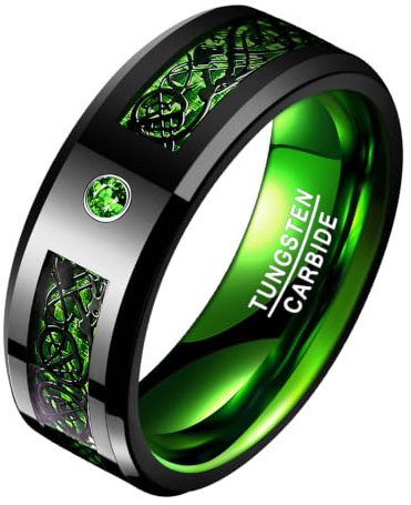 VAKKI Bagues Dragon Celtique Homme Femme 8mm Anneau Noir Vert en Carbure de Tungstène pour Promesse Amitié Fiançailles Mariage Poli Coupe Confortable Taille 74