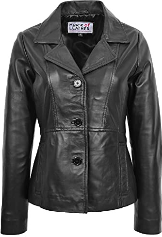 Ruth Blazer classique en cuir véritable avec fermeture à boutons pour femme, Noir , 42