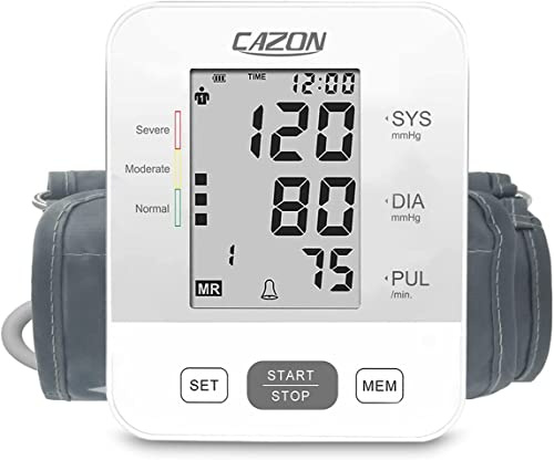 CAZON Blood Pressure Monitor Upper Arm BP Machine for Home Use BP Cuff Kit Pulse Rate Detection Meter with Cuff 22-40cm 2×99 Sets Memory LCD Display (White)
