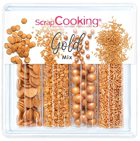 ScrapCooking - Décors Sucrés « Gold Mix » 62 g - Assortiment Or Métallique Doré : Confettis, Étoiles, Bubbles, Vermicelles - Décorations Pâtisserie, Gâteaux, Cupcakes, Anniversaires - 7518
