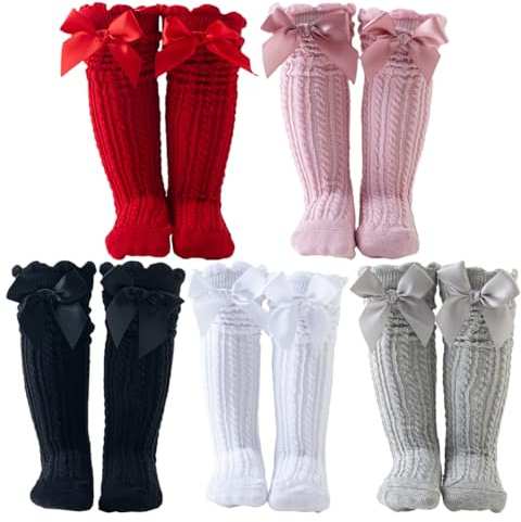 Toptim Little Girl's Knee High Socks Over Calf Kids Overknee Stockings Bow Style (H-5Pairs)