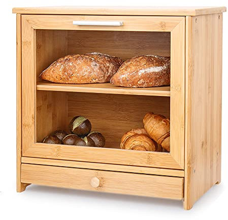 CALM COZY Boîte à Pain en Bambou pour comptoir de Cuisine, Grande Corbeille à Pain avec fenêtre Transparente, Auto-Assemblage