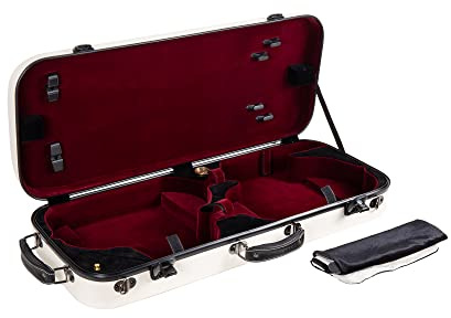 Crossrock Fiberglass Double Violin Case fits Two 4/4 Full-Size Violins- Includes TSA lock, Protective Blanket, Hygrometer, Removable Shoulder Straps- Milky White (CRF2020DVMW)