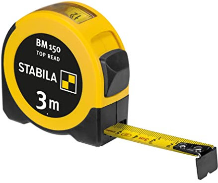 STABILA Cinta métrica BM 150, 3 m, cinta métrica con escala métrica, ventana de visión para lectura directa, carcasa ABS irrompible, gancho de inicio móvil, clip para cinturón, precisión MID