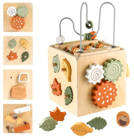Smartwo Wooden Kids Baby Activity Cube - Boys Gift Set | One 1, 2 Year Old Boy Girl Gifts Toys | Developmental Toddler Educational Learning Boy Toys 12-18 Months | Bead Maze, First Birthday Gift