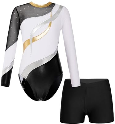 Runhomal Enfant Fille Justaucorps Gymnastique Manches Longues avec Short Métallique Brillant Tenue Patinage Artistique Leotard Danse Ballet Bodysuit 5-14 Ans Blanc 11-12 ans