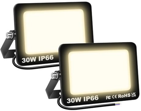 Willpower 2pcs Projecteurs LED Extérieur 30W 3000LM Spot LED 3500K Blanc Chaud IP66 Etanche Eclairage Exterieur Lumière de Sécurité pour Jardin Patio Garage Terrasse Maison