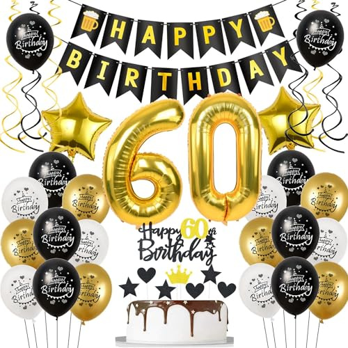 Deko 60-årsdag dekoration man kvinnor, ballong 60. Födelsedag svart guld, födelsedagsdekoration 60 år man ballong, tårtdekoration 60. Födelsedag män födelsedagsdekoration 60 år för kvinna man