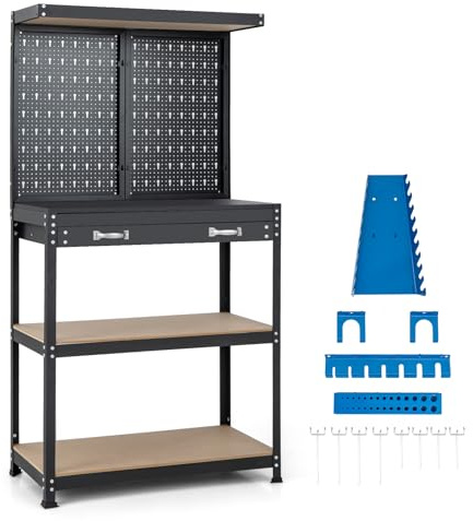 GiantexUK Workbench with Pegboard, Metal Frame Garage Work Bench with 13 Hanging Accessories, Drawer & 4-Tiers Shelves, Heavy Duty Tool Storage Station Unit for Warehouse Workshop (Blue + Black)