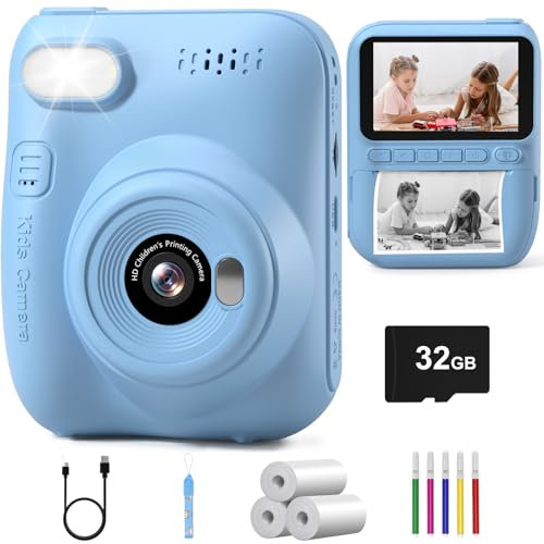 Hangrui Kids Camera Instant Print,3.0'' 1080P Kids Instant Print Camera with 32G Card,3 Rolls Printing Paper and 5 Color Pens, Gift Toy for Girls Boys 3-12 Years Old -Blue