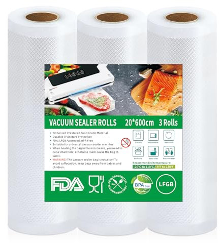 Votoko Sac sous Vide Alimentaire, 3 Rouleaux 20x600cm Sachet Sous Vide Alimentaire, 190 µm, Rouleau Film Sous Vide Alimentaire, Sans BPA, Approuvé LFGB, Sac Congelation Sous Vide Alimentaire
