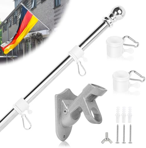 DBREAKS 1.5m Fahnenmast mit Halterung, Fahnenhalter aus Edelstahl, Wandhalterung Fahnenstange, Flaggenmast mit Tangle, Fahnenstange Zubehör für Flagge Haus&Garten(Silber)