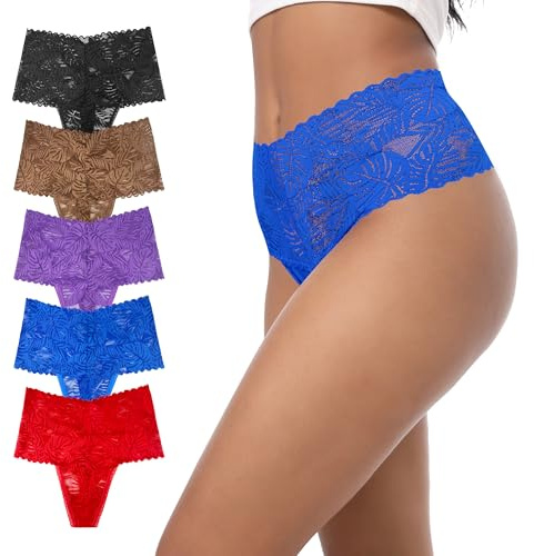GAREDOB String taille haute en dentelle à couverture complète - Tangas doux - Plantes tropicales - Sous-vêtements sexy et confortables, Plantes Tropicales Dentelle Noir Rouge Raisin Bleu Café