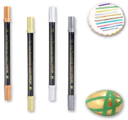 ZJSJSP Edible Metallic Markers,Food Shimmering Color Pen,Fine and Thick Tip Food Upgrade for Cookies/Cakes/Fondant/Baking Decorating/Drawing(4PCS) (Gold, Silver, Rose Gold, Black, 4PCS)