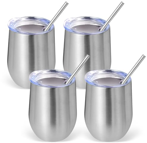 Volhoply Confezione da 4 bicchieri da vino in acciaio inox da 350 ml, con coperchio, a doppia parete, sottovuoto, senza stelo, riutilizzabili, in metallo, da viaggio, con cannuccia, tazze isolanti