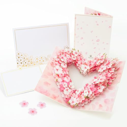 HIBINO 3D Pop-Up Kirschblüten-Herzkarte mit herausziehbarem Nachrichtenzettel – Handgefertigtes Blumendesign – Perfekt für Jubiläen, Geburtstage, Hochzeiten und mehr – Design aus Japan