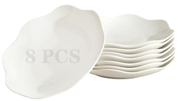 BABALIU 8.5 Inch Salad Plates Set of 8, Ceramic White Leave Wave Rim Small Dinner Appetizer Pasta Plate, Porcelain Dinnerware Serving Dishes for Pancakes, Steak, Pizza, Microwave, Dishwasher Safe