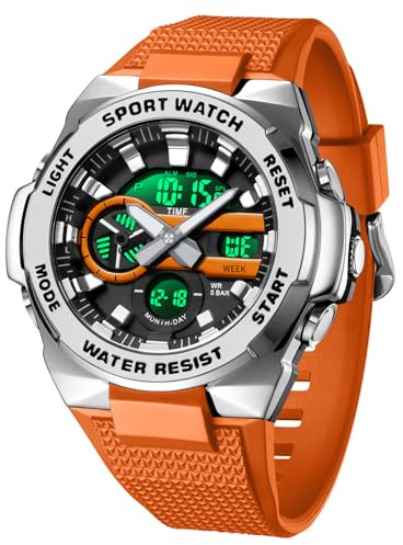 findtime Herren-Digitaluhr, taktische Militär-Uhren für Herren, 5 ATM wasserdicht, analoge Uhr mit 12/24 Stunden LED-Hintergrundbeleuchtung, Alarm, Countdown, Orange, Armband