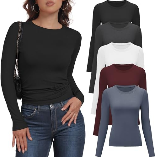 YOIOWVY Lot de 5 Tee Shirt Hauts Essentiels à Manches Longues pour Femmes Coupe ajustée Extensibles Col Ras du Cou t-Shirts Respirants à Superposer pour Femmes Vêtements de Travail sous-vêtements