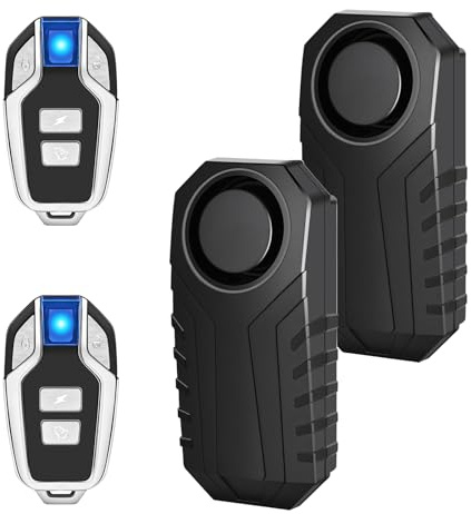 Cruxer Paquete de 2 alarmas de bicicleta con control remoto, sensor de movimiento de vibración inalámbrico, sistema de alarma para motocicleta, protección antirrobo de 113 dB, accesorios antirrobo