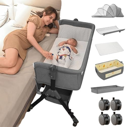 Oubeauou 'Next to me Spjälsäng justerbar höjd, bärbar babykorg, stabil babysäng 3-i-1, med tvättbar madrass, skötbord, förvaringsväska, 4 låsbara hjul, myggnät, för 0-24 månader (grå)
