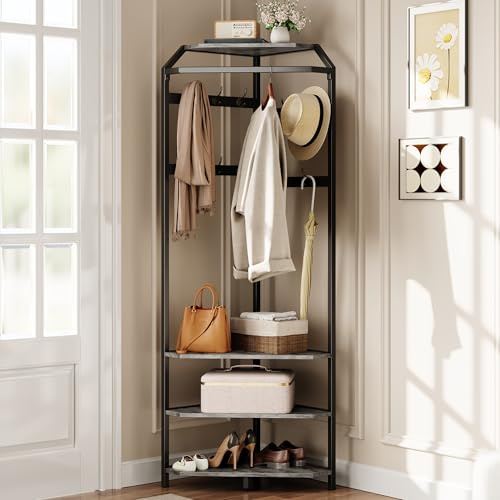 Aptliton Corner Hall Tree Coat Rack with 4-Tier Shelves & Shoe Bench, Freestanding Entryway Organiser with 12 Double Hooks, Hanging Rod and Shelf, Hallway Storage for Bedroom Closet, Grey,50x50x180cm