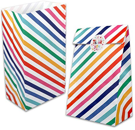 AUERVO 20PCS Rainbow Stripe Kraft Paper Candy Bags, Grocery Goodie Gift Treat Bags With Thank You Stickers for Birthday Wedding Valentines' Day Sweets Gifts Favour 5 X 9