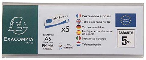 Exacompta 85358D 5er Pack Tisch-Namensschilder Querformat DIN A5 gefaltet aus hochwertigem Acryl beidseitig verwendbar UV beständig 21,0x7,5 cm Tischaufsteller Tischschild transparent