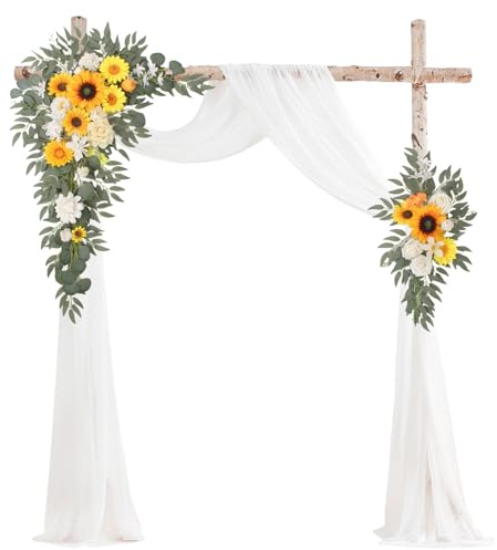 BASIMAN Arch Flowers with Drapes Kit (Pack of 3) for Wedding Ceremony Arbor and Reception Backdrop Decoration Wedding Welcome Signs Floral Birthday Party Decoration(Sunflower)