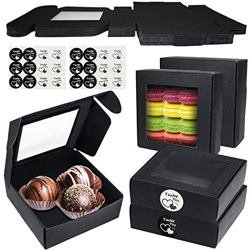 KOUHA Kraftpapier Geschenkboxen Karton Geschenkbox 25STK Karton mit Sichtfenster Schwarz Gebäck Geschenkbox für Süßigkeiten Kekse Cupcakes Kraftpapier Box Kleine Schachteln 9.5x9.5x3.5cm
