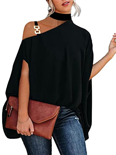 ORANDESIGNE Blouse Femme Haut Élégant Tunique Chic Top Fluide Cape de Chemise épaules Dénudées Mode T-Shirt à Manches Chauve-Souris Décontracté Imprimée Tunique Chemisier A Noir XL