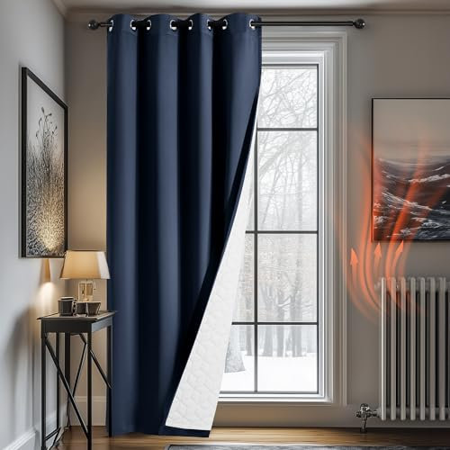 Deconovo Thermal Blackout Door Curtain - 52x 90 Navy Blue Panel With 2-Layer Eyelet Design, Thick Microfiber Liner, WindProof and Noise Reducing for Big Windows