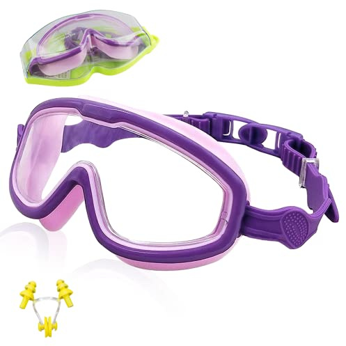 ProChosen Kids Swimming Goggles, Swimming Goggles for Kids Children Teens Age 3-15 Waterproof Anti-Fog UV Protection No Leaking, Boys Girls Swimming Goggles 6-14 with Nose Clip& Earplugs(Purple)