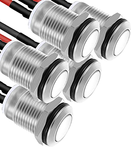 RUNCCI-YUN 5Pcs 12mm Interrupteur à Bouton Poussoir à Verrouillage 12v,Boutons Poussoir Autobloquant,mini interrupteur,bouton poussoir rond,Acier Inoxydable bouton poussoir etanche(Tête Plate)