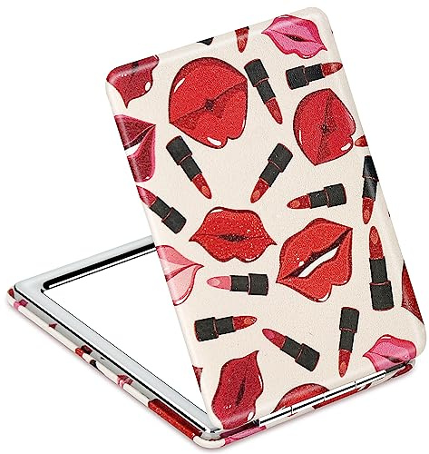 Premium Vanity Compact Makeup Mirror for Girls and Women, Stylish Slim Travel Cosmetic Mirrors for Pocket Purse Wallet Handbag, Portable Magnifying Handheld Small Mirror with Red Classic PU Leather