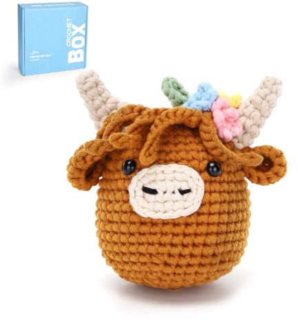 CROCHET BOX Complete Crochet Kit for Beginners - Highland Cow Crochet Kit, Flower Style, Include Video Tutorial, Instruction, Soft Yarn, Birthday Gift