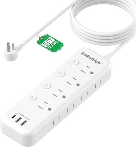 Appliance Extension Cord with Individual Switches on Off - 5 FT, 14 Gauge Heavy Duty Extension Cord with USB Ports, 8 outlets, High Wattage for Microwave, Workbench, Kitchen, Garage Must Have