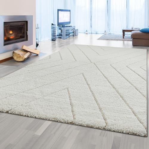 Teppich-Traum Hochflor Wohnzimmerteppich 3D-Teppich weiß Creme Rautenmuster skandinavisch, 140 x 200 cm