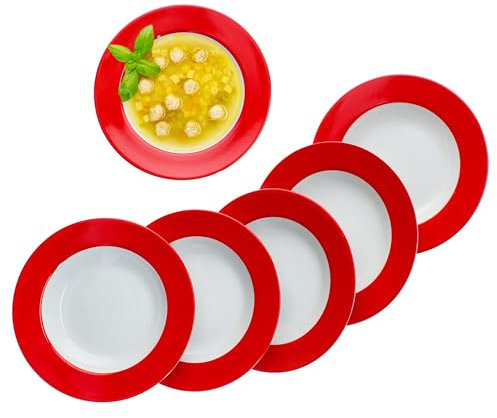 MamboCat Lot de 6 assiettes creuses Variantes rouges I Assiettes creuses colorées en porcelaine pour 6 personnes I Assiettes rondes colorées pour salade, soupe, céréales, pâtes, etc. pour le petit